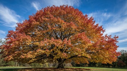 Colorful autumn tree with vibrant orange and yellow foliage against a blue sky and clouds.