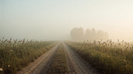 Dirt road through a grassy field with trees in the distance, shrouded in mist or fog.