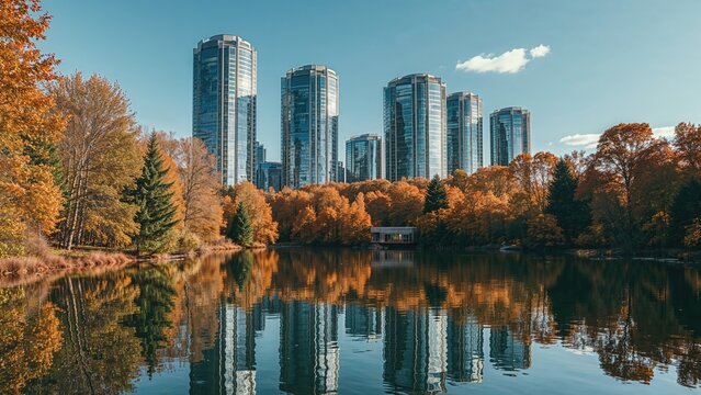 A city skyline with modern high-rise buildings reflected in a lake, surrounded by autumn trees and clear blue skies. - Powered by Adobe