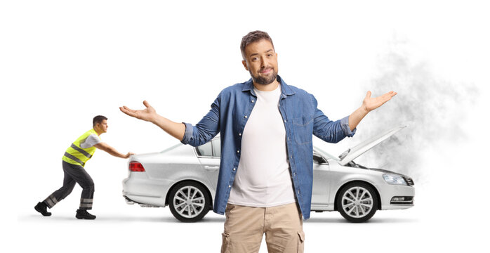 Young man with car problem waiting for roadside assistance - Powered by Adobe