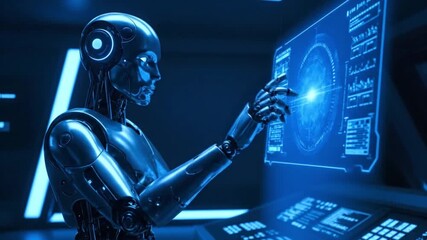An advanced humanoid robot interacts with a glowing holographic interface in a futuristic control room. - Powered by Adobe