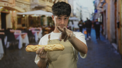 Man holding baguette with gloved hands and presenting on a street terrace outside a restaurant, pointing at camera; playful hospitality.