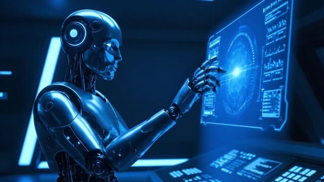 An advanced humanoid robot interacts with a glowing holographic interface in a futuristic control room. - Powered by Adobe