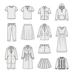 Collection of mens and womens clothing and footwear, including tshirts, shirts, hoodies, jackets, coats, dresses, Adobe Illustrator Artwork