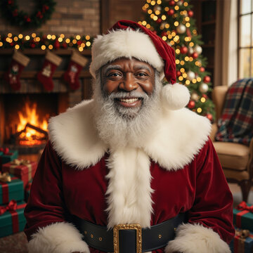 A Black Santa Claus smiling gently at the camera in a calm setting - Um Papai Noel negro sorrindo gentilmente para a c&acirc;mera em um ambiente calmo