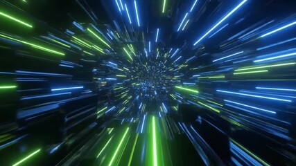Futuristic neon tunnel warp speed abstract background blue green light streaks motion blur - Powered by Adobe