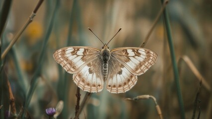 A butterfly perched on a plant in a natural setting.