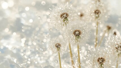 Obraz premium Dandelions with seeds dispersing in the air, sparkling background, close-up shot. Nature and springtime, seeds and fluff, airy and delicate. The beauty of dandelions in the breeze.