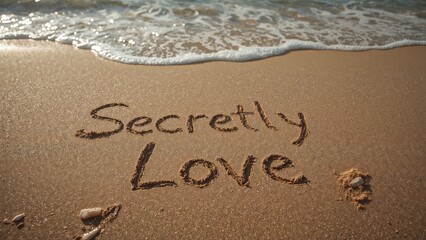 Secretly Love written on the sand at the beach.