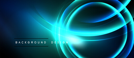 Dark blue background features glowing circular shapes, curved lines. Modern design element suitable for digital projects.