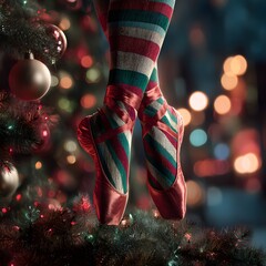 Ballerina en pointe in striped socks concept of Christmas festive holiday ballet
