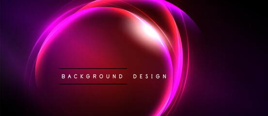 Abstract neon light shapes form glowing oval. Dark background emphasizes vibrant colors, modern design elements present.