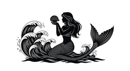 Mermaid holding shell amidst ocean waves water