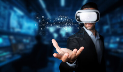 A modern businessman wearing virtual reality goggles engages in data management, exploring artificial intelligence concepts in a sleek cloud environment, emphasizing innovation. XDMCP