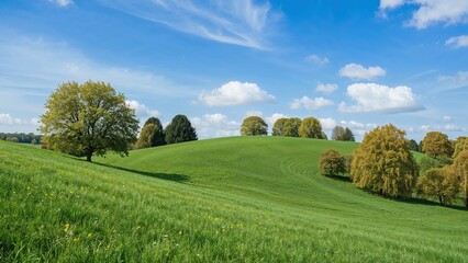 Lush green landscape with rolling hills and trees under a blue sky with clouds.