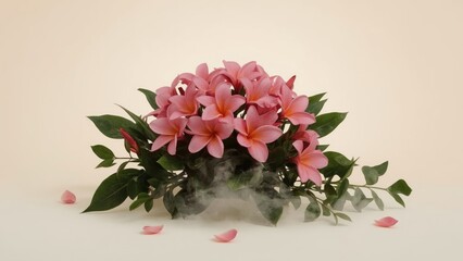 Obraz premium Pink flowers with green leaves and fallen petals arranged on a white surface, emitting a mist or fog.