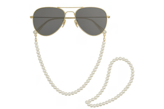Gold aviator sunglasses with a pearl chain