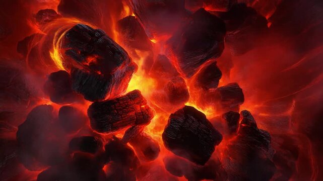 Glowing red hot embers burning intensely within a fiery volcanic landscape with molten lava and
