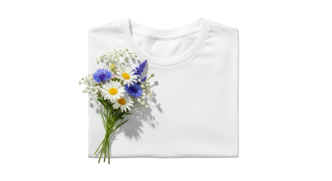 Folded white T-shirt with a floral bouquet, a simple design isolated on a transparent background