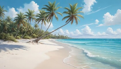 Tropical beach paradise with palm trees, white sand, and turquoise water under a blue sky