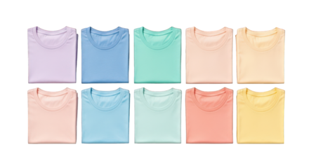 Collection of pastel folded t-shirts for summer sale isolated on a transparent background