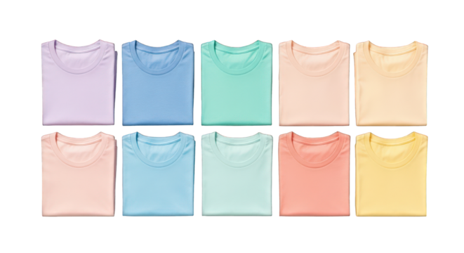 Collection of pastel folded t-shirts for summer sale isolated on a transparent background