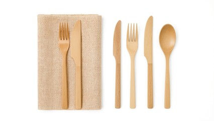 Set of wooden fork, knife, and spoon with a beige cloth napkin. Tableware and eco-friendly dining utensils. Natural material and minimalist design.