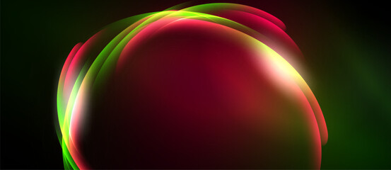 Abstract vibrant swirls, red dominating, green accents. Light radiates from center, dark background creates contrast. Smooth gradients define form.