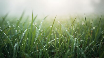 Close-up of grass with dewdrops, morning sunlight, fresh nature scene, green blades of grass, moisture, and tranquility.