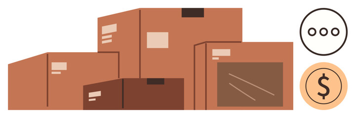 Cardboard boxes in varied sizes stacked together, complemented by pricing and action icons. Ideal for logistics, delivery, e-commerce, packaging, supply chain, warehouse management, simple flat