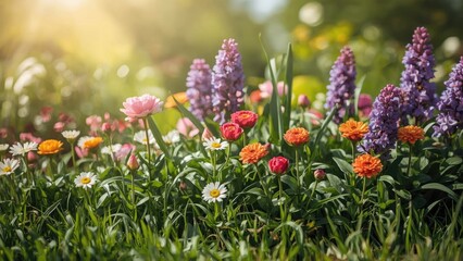 Obraz premium Colorful flowers in a garden with sunlight, including daisies, roses, and other blooms, creating a vibrant and lively floral scene.