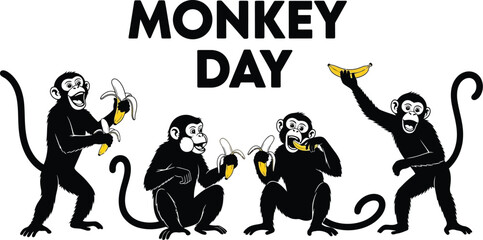 Illustration of monkeys eating bananas for Monkey Day