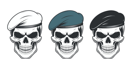 Skull with beret in three different colors on transparent background