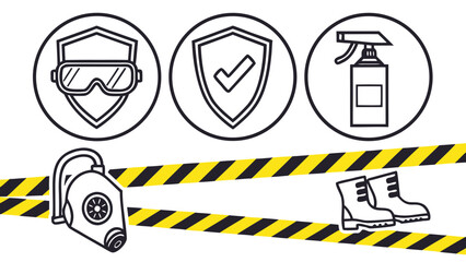 Depiction of safety gear including goggles shield spray bottle mask and boots with caution tape