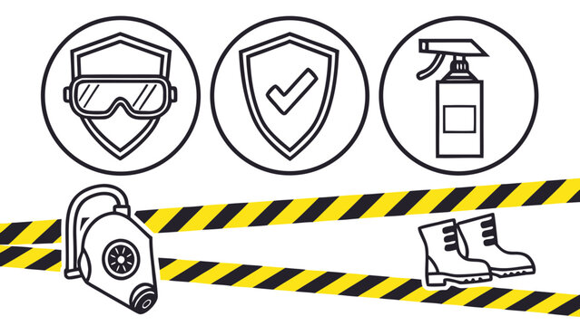 Depiction of safety gear including goggles shield spray bottle mask and boots with caution tape