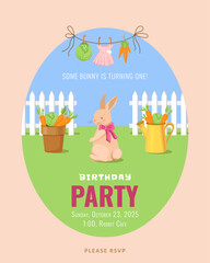 Invitation card for a girl's first birthday party. With a cute bunny with a pink bow, carrots, cabbage, and a watering can. Some bunny is turning one!
