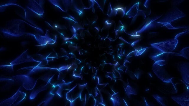 Glowing blue fractals move in a seamless energy flow, forming dynamic neon waves. Smooth loop with vibrant digital depth and futuristic motion.