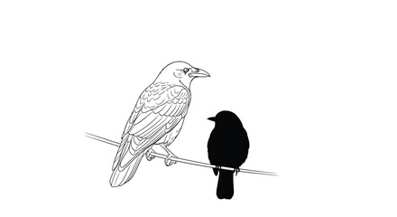 Two birds perched on wire crow raven