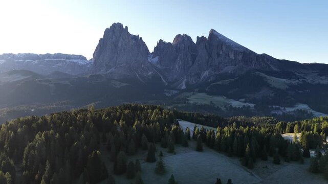 Cinematic aerial video of the Alpe di Siusi in the Italian Dolomites during morning golden hour