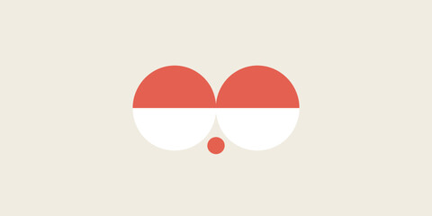 Abstract design featuring red and white circles resembling eyes and a small circle below them