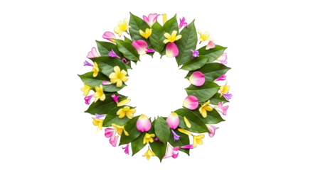 Floral wreath with colorful flowers and green leaves isolated on a transparent background