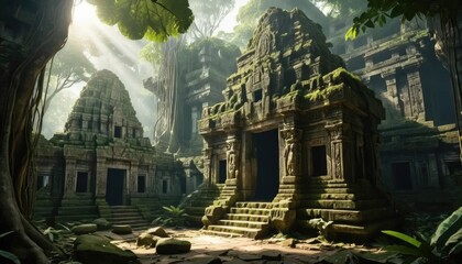 Sunbeams pierce the dense jungle canopy, illuminating the ancient stone ruins of a forgotten civilization's temple sanctuary