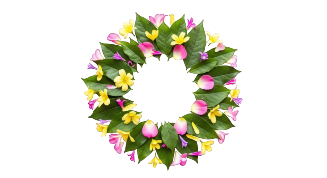 Floral wreath with colorful flowers and green leaves isolated on a transparent background