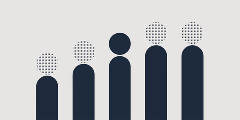 Abstract illustration of five figures with varying head designs on a light background design style