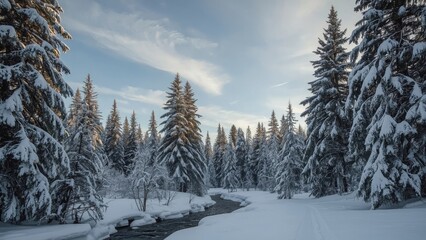 Obraz premium A snowy forest landscape with tall pine trees and a small stream under a partly cloudy sky.
