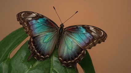 Colorful butterfly resting on green leaf. Insect in nature, vibrant wings, soft background. The butterfly and leaf emphasize beauty and diversity in nature.