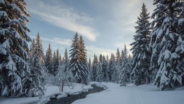A snowy forest landscape with tall pine trees and a small stream under a partly cloudy sky.