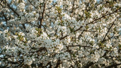 Fototapeta premium Blooming white flowers on branches in springtime.