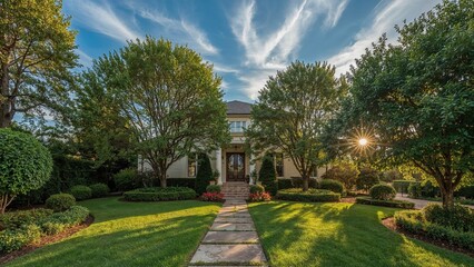 Obraz premium A luxurious house surrounded by trees and a well-manicured lawn at sunset, with a stumbling pathway leading to the entrance.