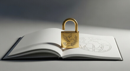 open notebook with unlocked padlock beside it, simple studio shot, symbolic of press freedom